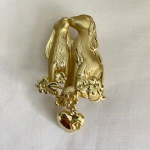 Vintage AJC "Puppy Love" Gold Tone Dangly Heart Brooch